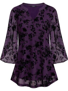 VALOLIA Women's Tops Violet 3/4 Sleeve Floral V Neck Double Layers Mesh Blouses